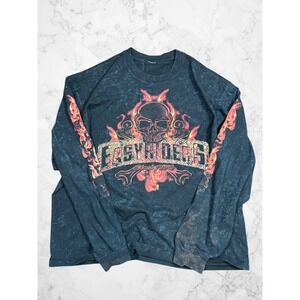 Easyriders Rodeo Tour 2009 Long Sleeve Shirt Skull Flame Acid Wash Mens XL